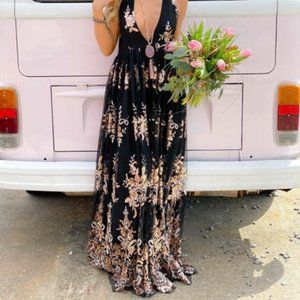 Southern Fried Chics Enchanted Nights Sequin Maxi Dress Black W/ Rose Gold XL